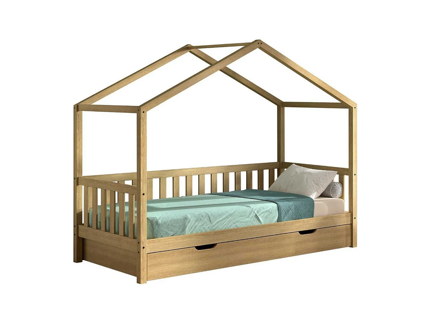 Lit maison à barrière 90x200 avec tiroir en chêne massif - LEIKY