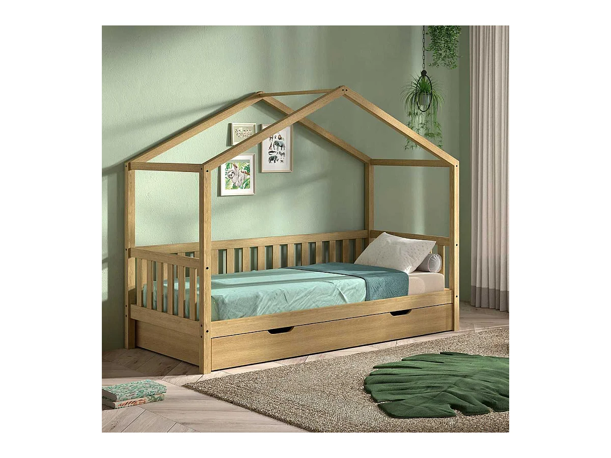 Lit maison à barrière 90x200 avec tiroir en chêne massif - LEIKY
