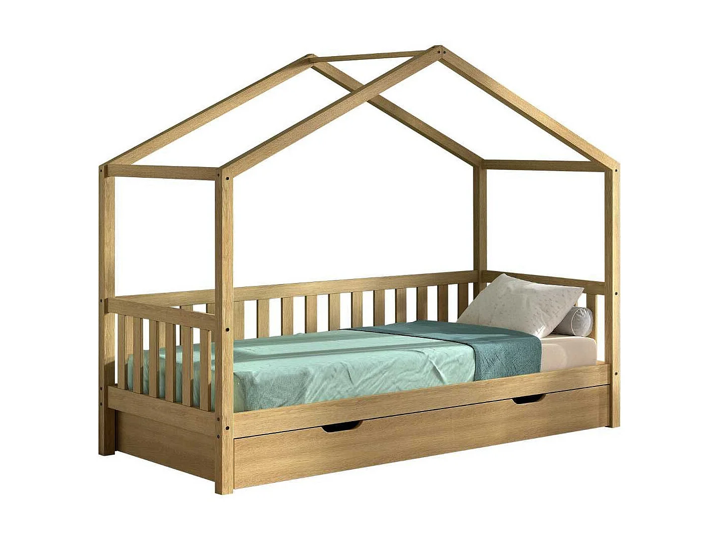 Lit maison à barrière 90x200 avec tiroir en chêne massif - LEIKY