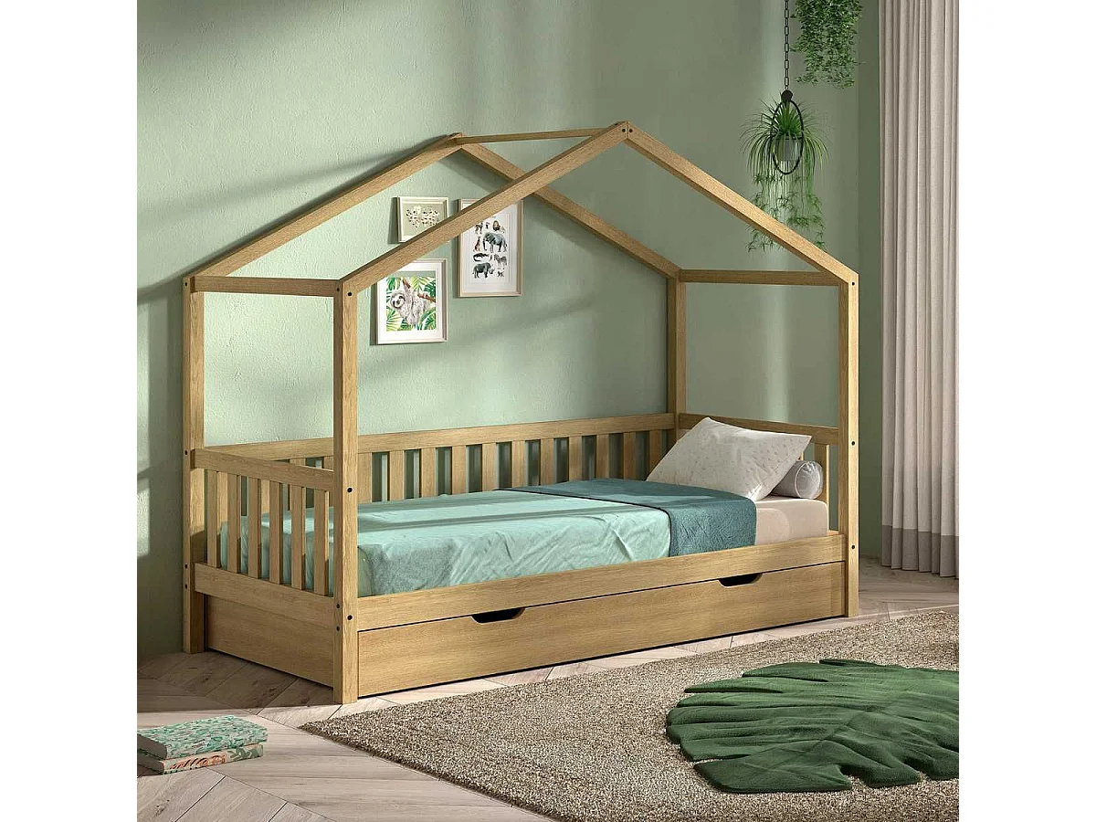 Lit maison à barrière 90x200 avec tiroir en chêne massif - LEIKY