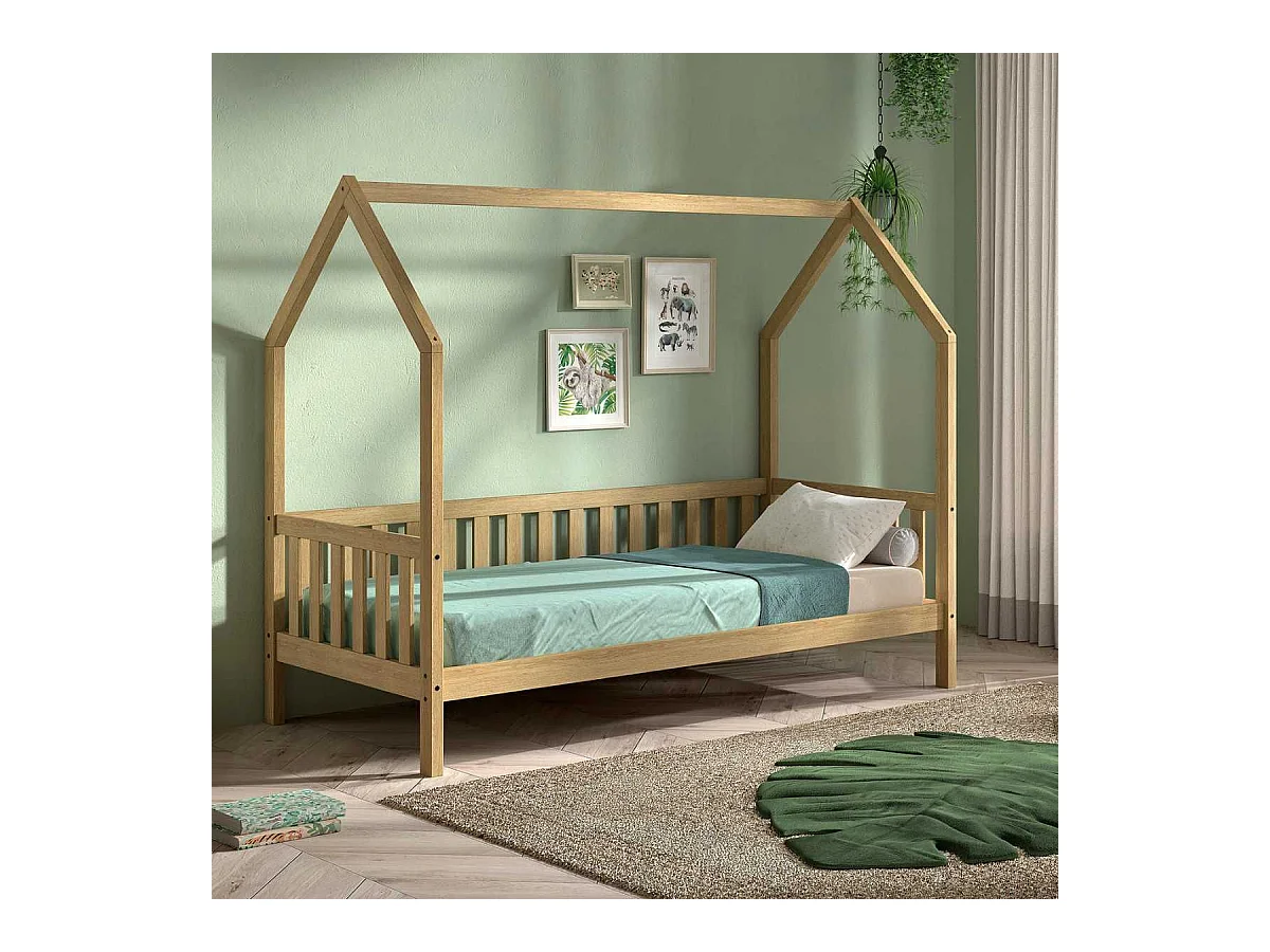 Lit cabane à barrière 90x200 en chêne massif - LEIKY