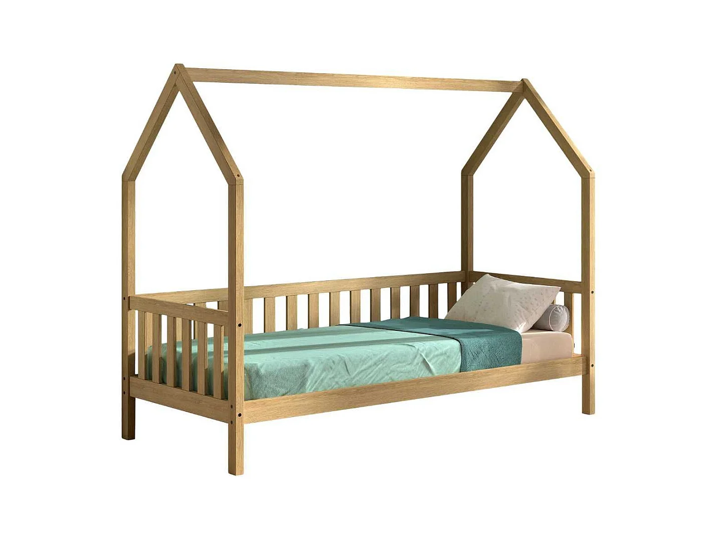Lit cabane à barrière 90x200 en chêne massif - LEIKY