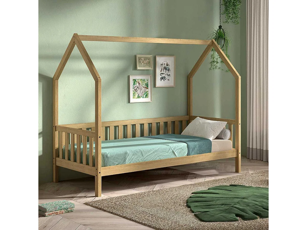 Lit cabane à barrière 90x200 en chêne massif - LEIKY