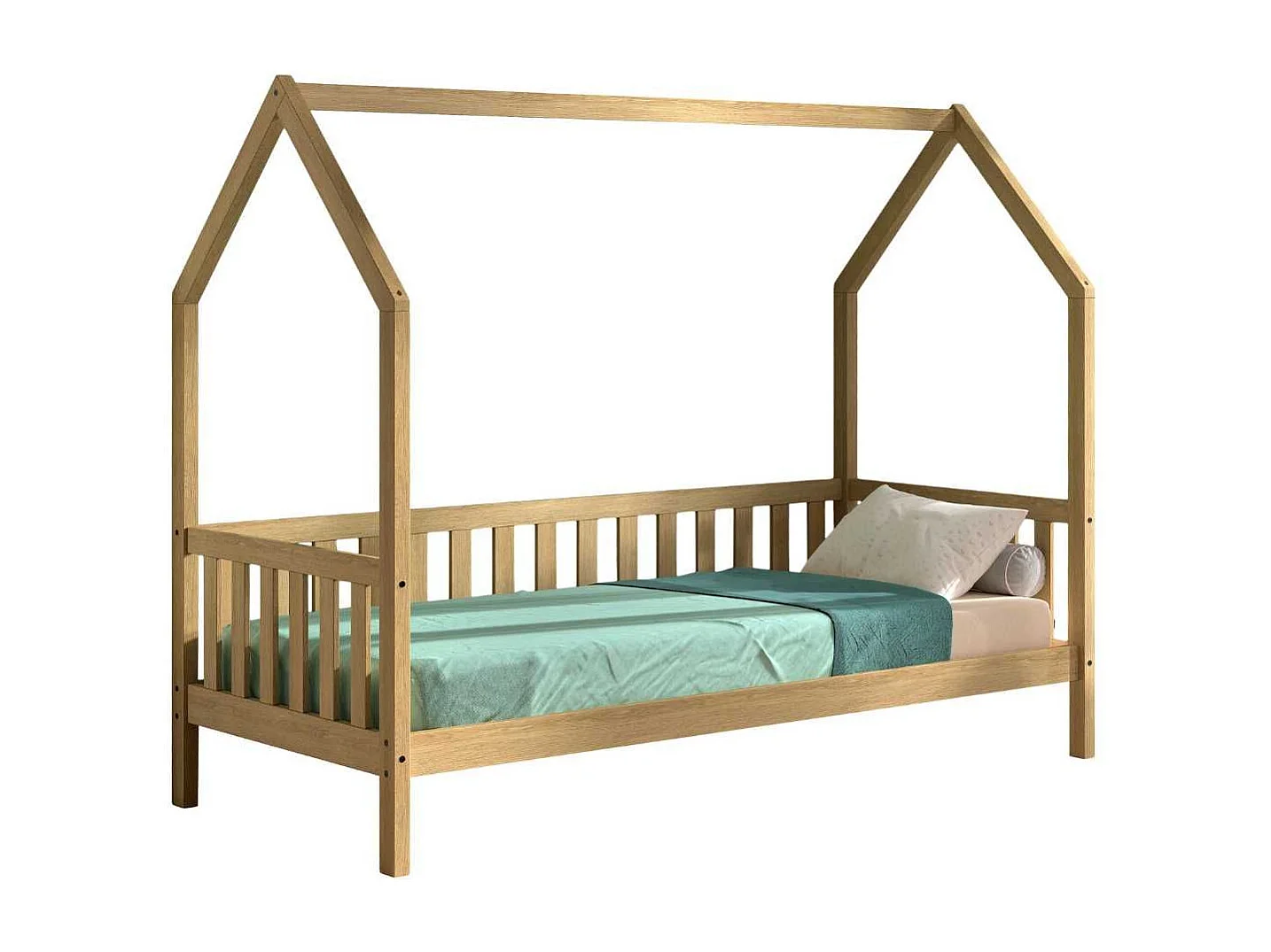 Lit cabane à barrière 90x200 en chêne massif - LEIKY