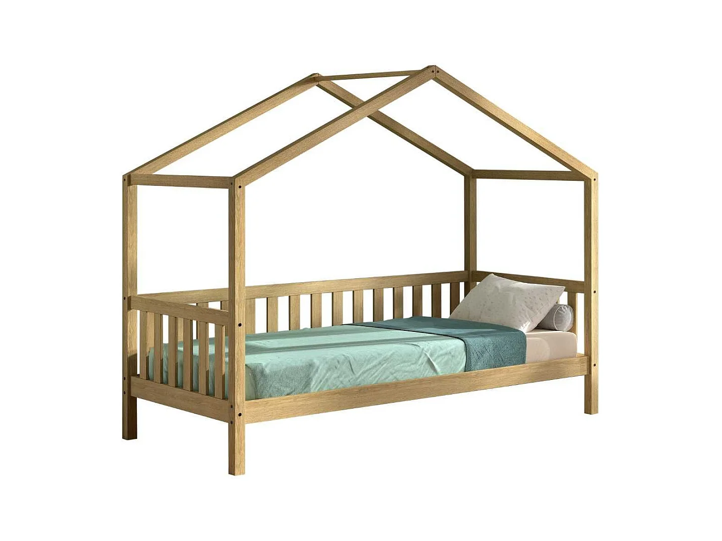 Lit maison à barrière 90x200 en chêne massif - LEIKY