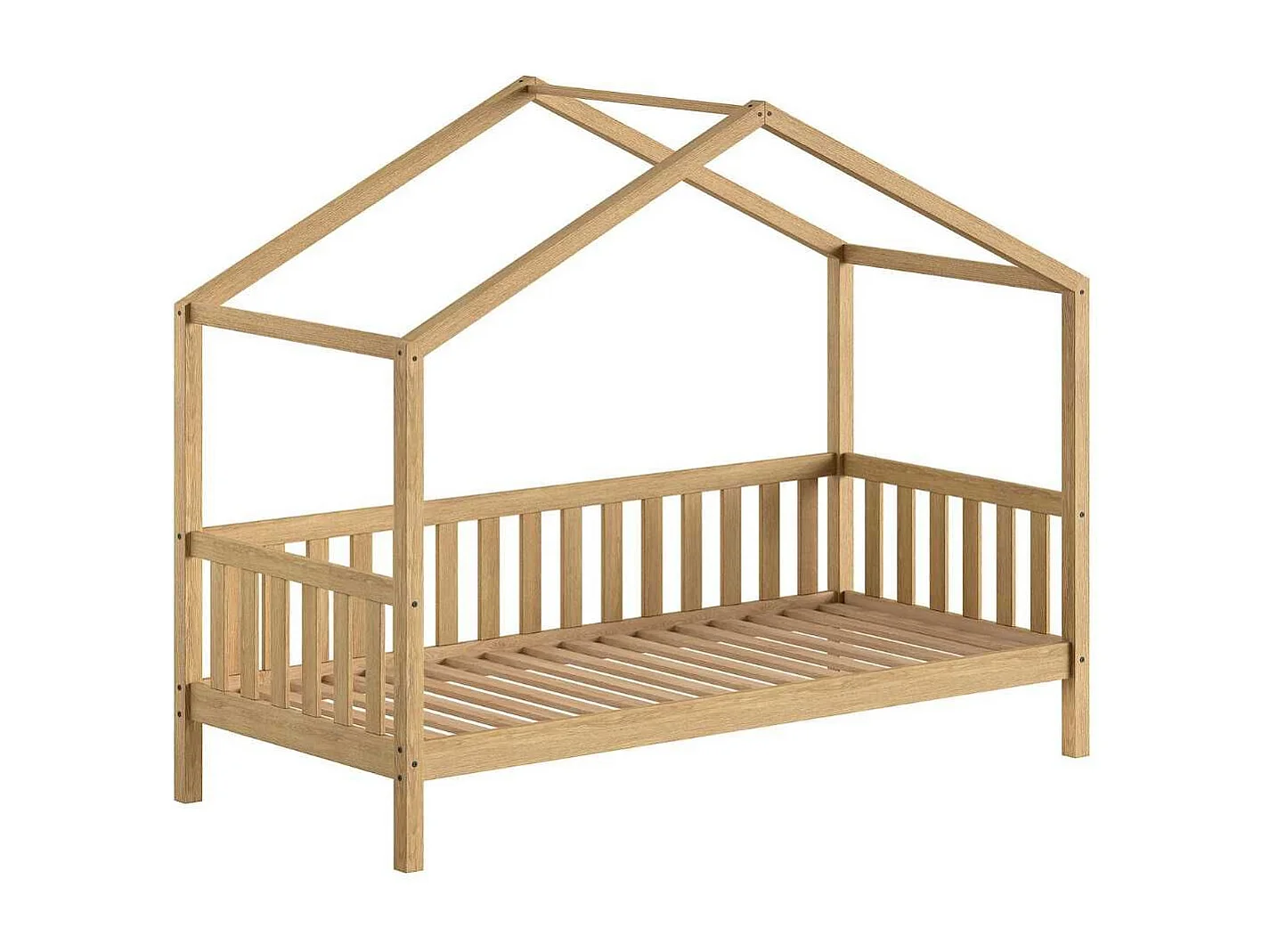 Lit maison à barrière 90x200 en chêne massif - LEIKY