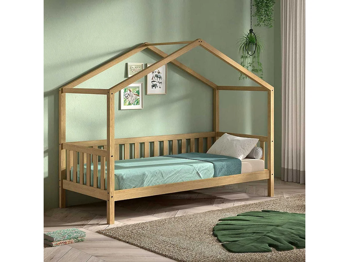 Lit maison à barrière 90x200 en chêne massif - LEIKY