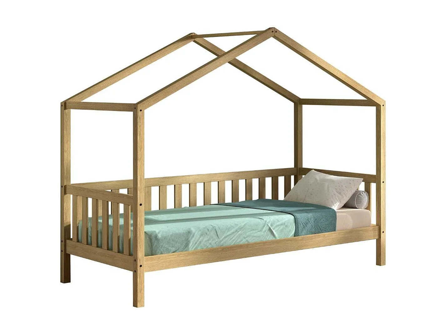 Lit maison à barrière 90x200 en chêne massif - LEIKY