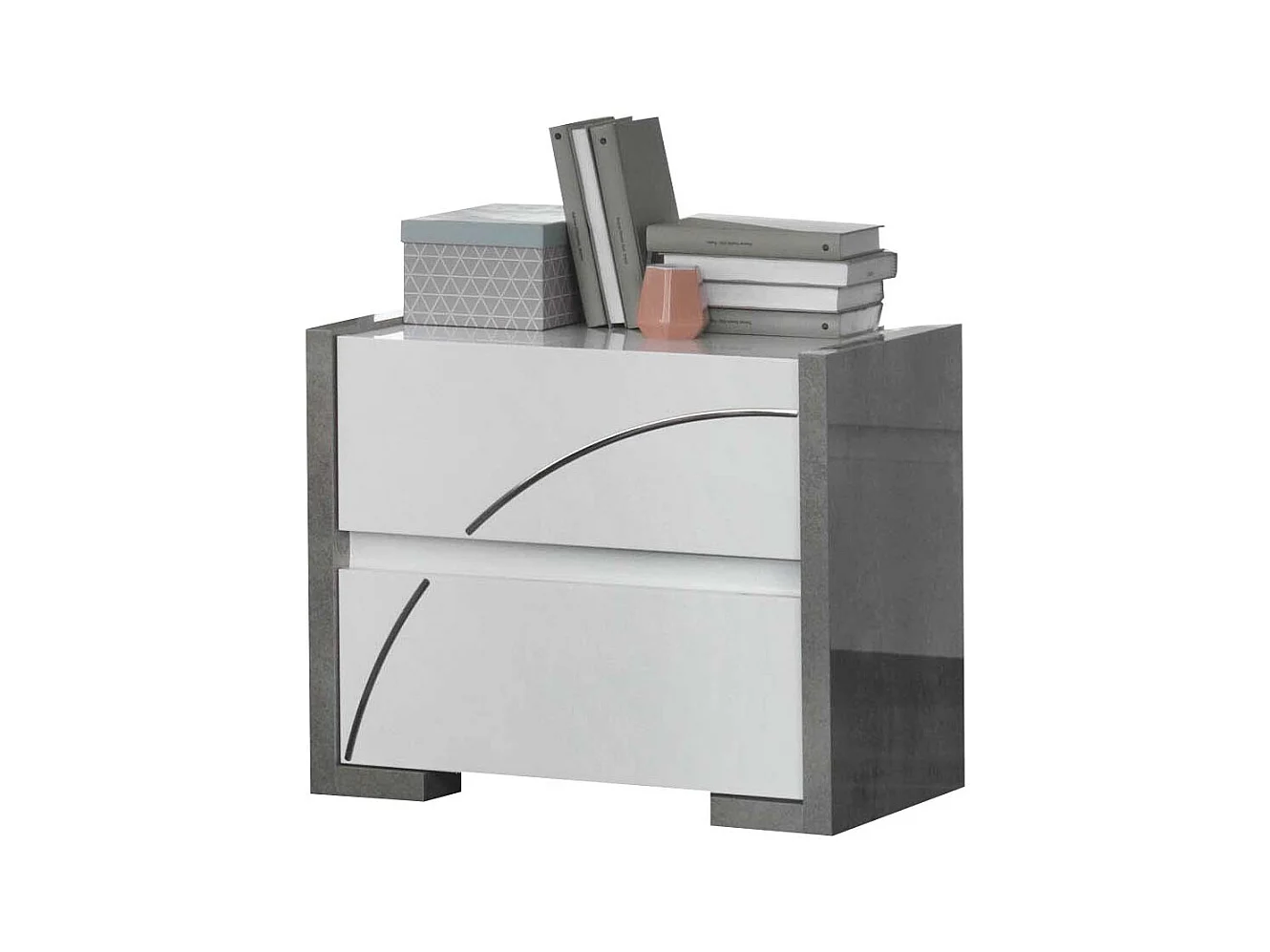 LINEAL - Chambre 160x200cm Blanche et Gris Béton Lit avec Leds + 2 Chevets + Commode