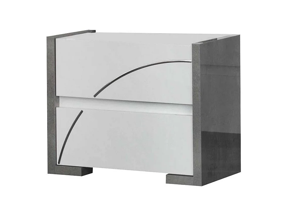 LINEAL - Chambre 160x200cm Blanche et Gris Béton Lit avec Leds + 2 Chevets + Commode