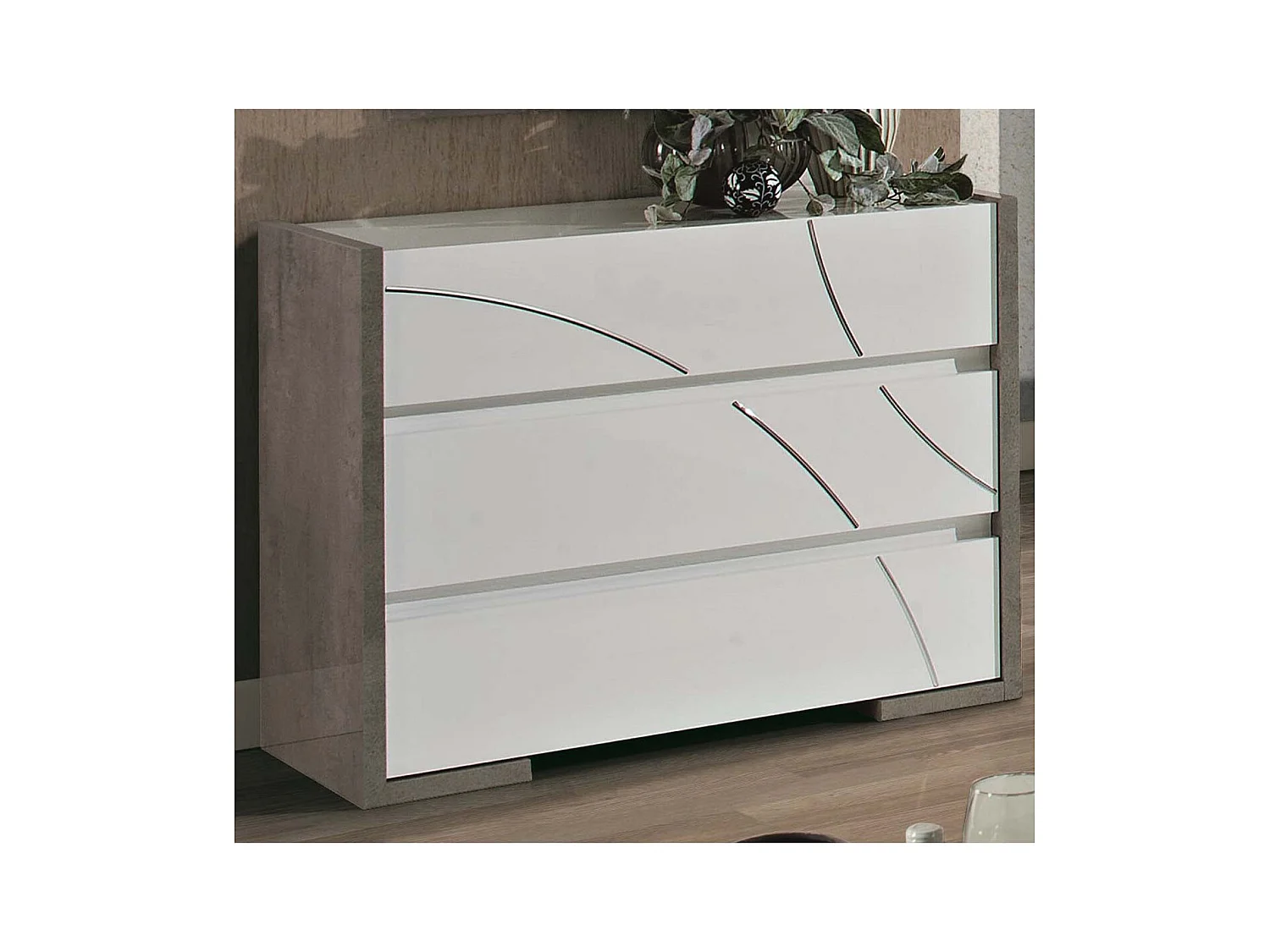 LINEAL - Chambre 160x200cm Blanche et Gris Béton Lit avec Leds + 2 Chevets + Commode