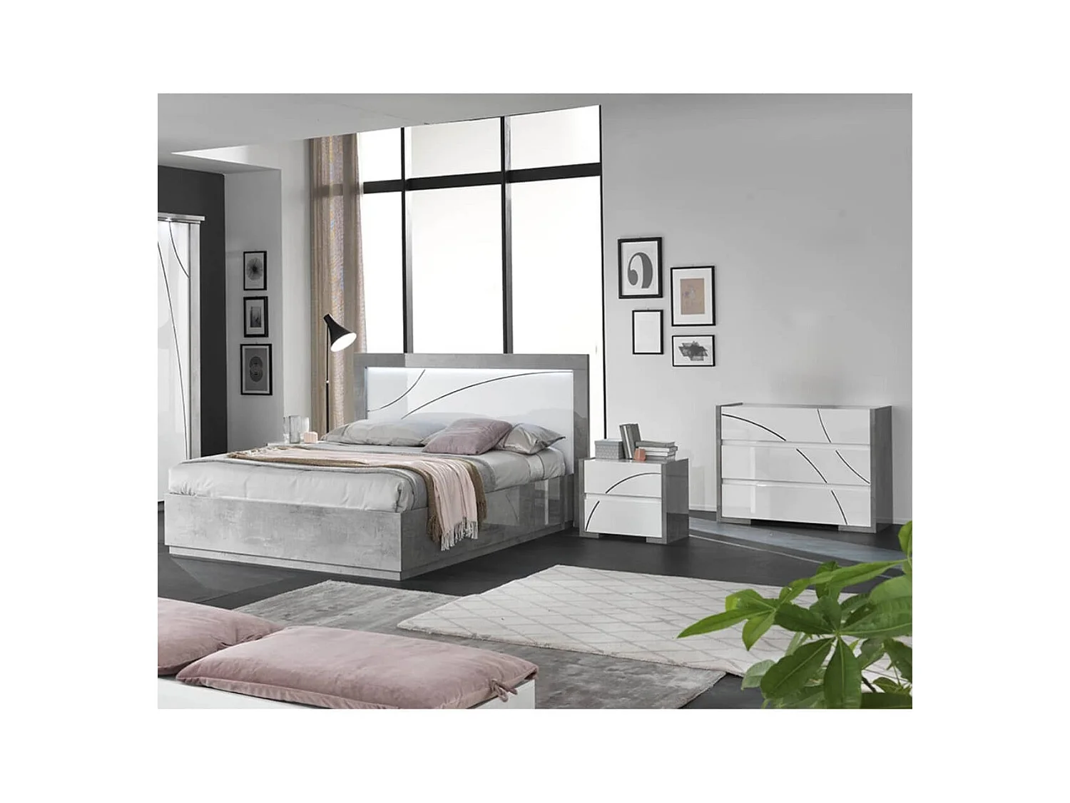 Chambre 160x200cm Blanche et Gris Béton Lit avec Leds + 2 Chevets + Commode - LINEAL