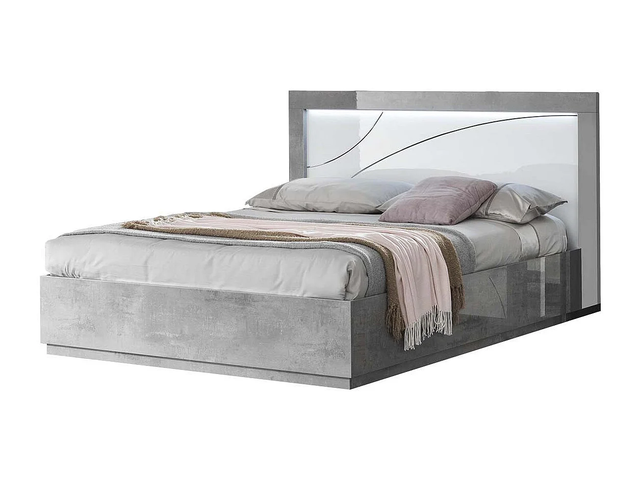 LINEAL - Chambre 160x200cm Blanche et Gris Béton Lit avec Leds + 2 Chevets + Commode