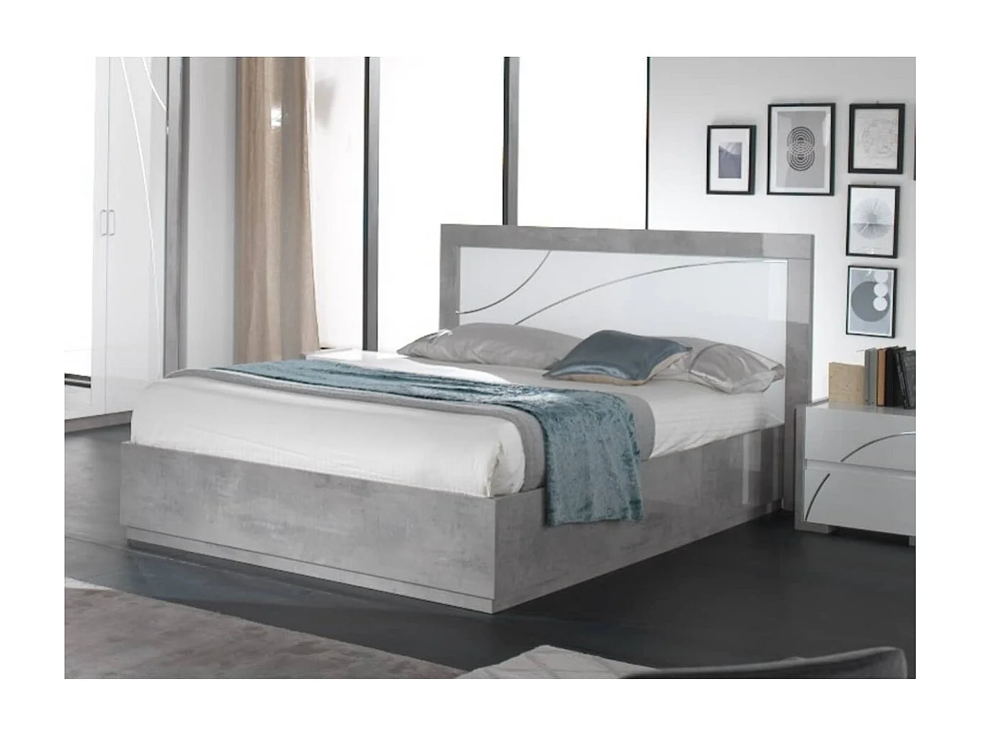 LINEAL - Chambre 160x200cm Blanche et Gris Béton Lit avec Leds + 2 Chevets + Commode