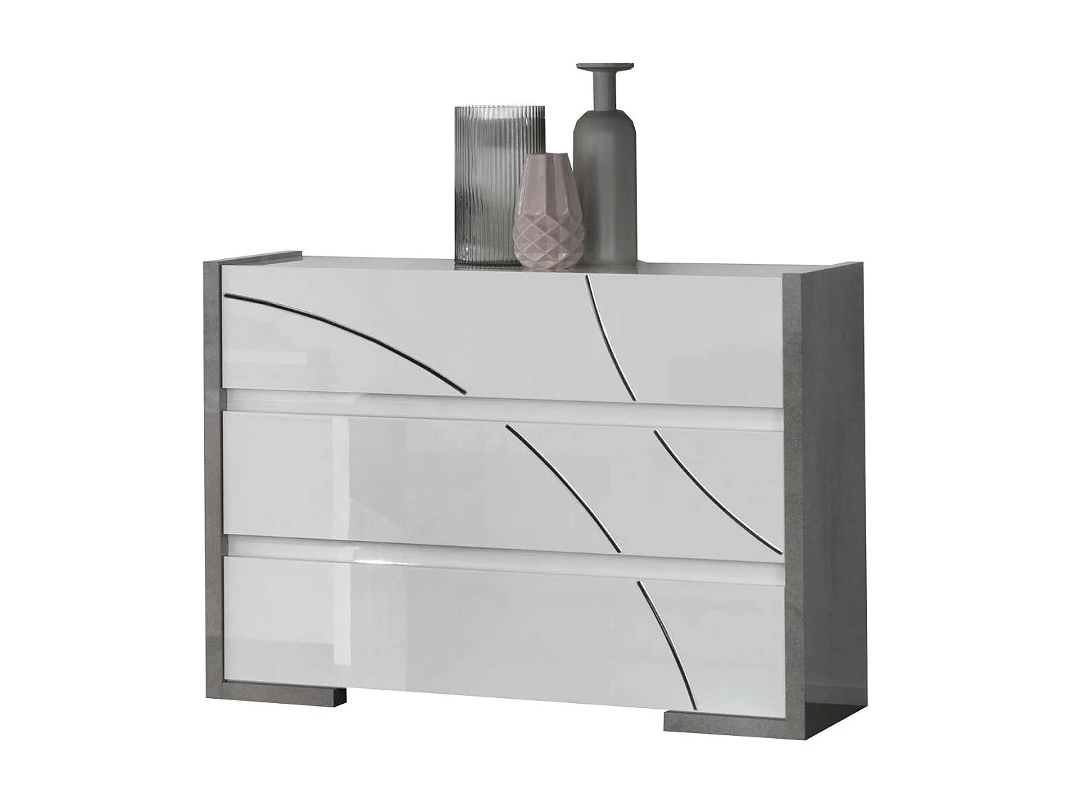 LINEAL - Chambre 160x200cm Blanche et Gris Béton Lit avec Leds + 2 Chevets + Commode