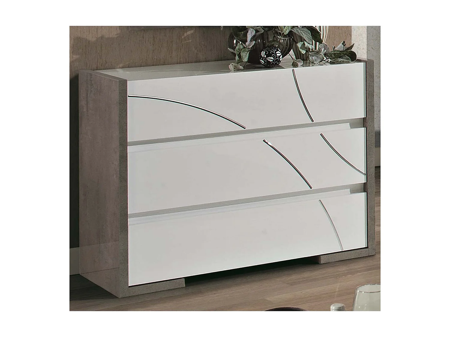 LINEAL - Chambre 160x200cm Blanche et Gris Béton Lit avec Leds + 2 Chevets + Commode