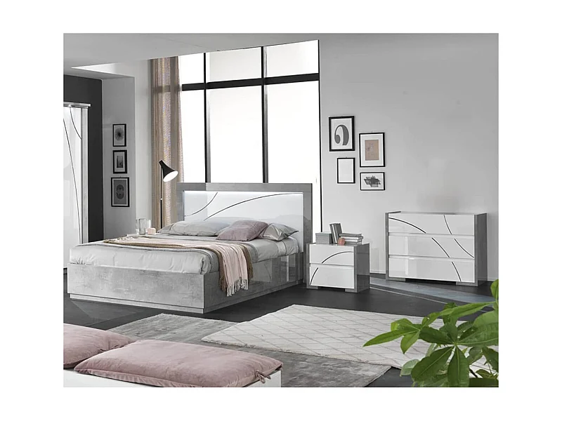 LINEAL - Chambre 160x200cm Blanche et Gris Béton Lit avec Leds + 2 Chevets + Commode