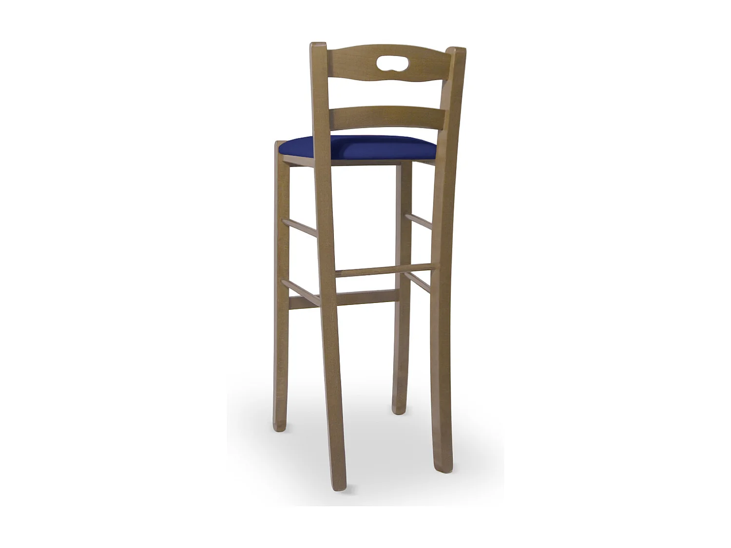 Tabouret de 80 cm de haut en bois de noyer clair avec poignée et assise rembourrée en simili cuir bleu