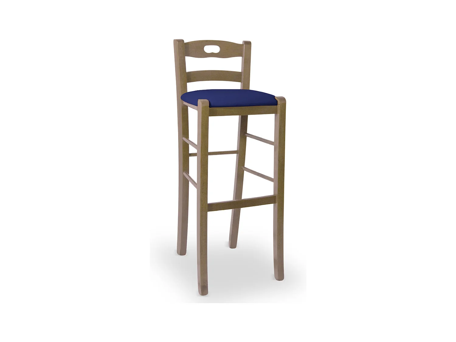 Kruk van 80 cm hoog in licht notenhout met handgreep en gewatteerde zitting van blauw imitatieleer