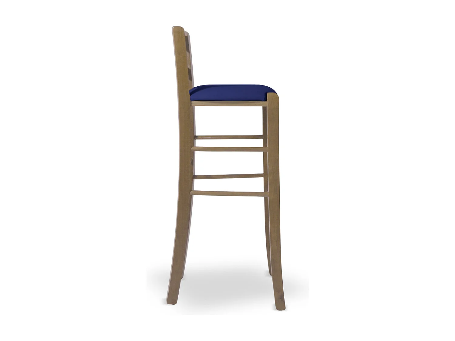 Tabouret de 80 cm de haut en bois de noyer clair avec poignée et assise rembourrée en simili cuir bleu
