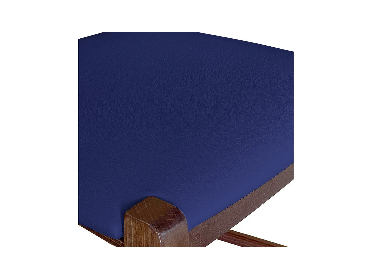 Taburete de bar de 80 cm en nogal oscuro con asa y asiento acolchado en piel sintética azul.