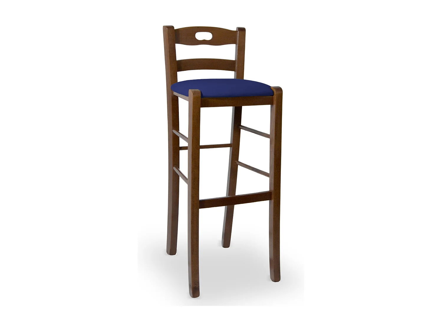 Tabouret de bar 80 cm en noyer foncé avec poignée et assise rembourrée en similicuir bleu