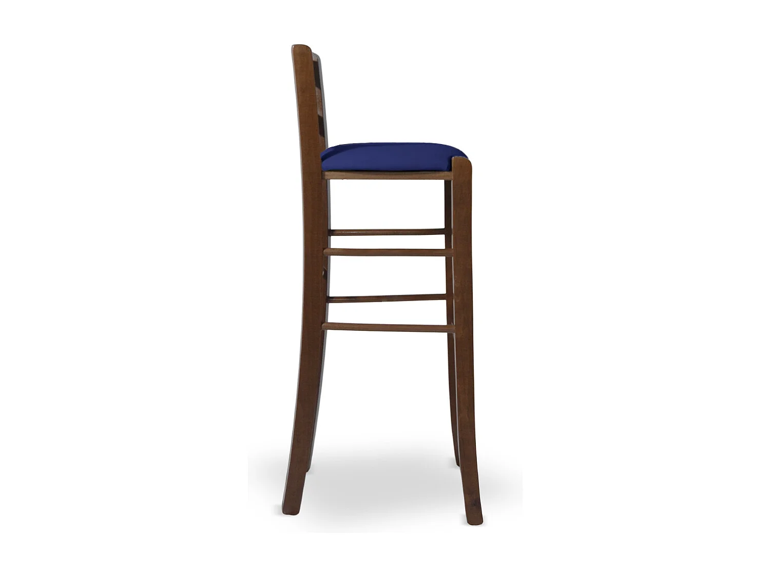 Tabouret de bar 80 cm en noyer foncé avec poignée et assise rembourrée en similicuir bleu