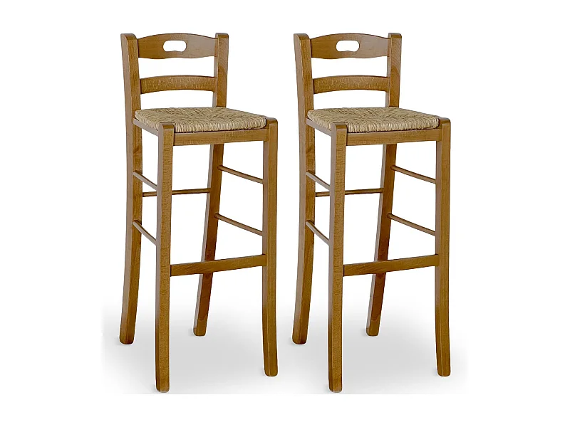 Juego de 2 taburetes de bar en nogal claro, de 80 cm de alto, con agujero y asiento de paja.