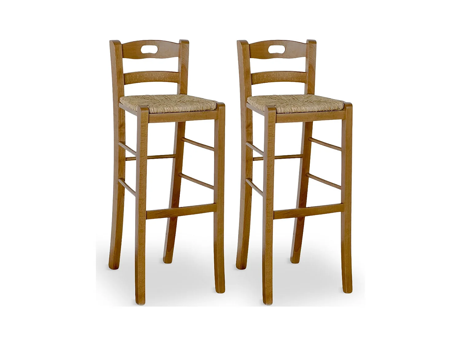 Lot de 2 tabourets de bar en noyer clair, hauteur 80 cm, avec un trou et une assise en paille.