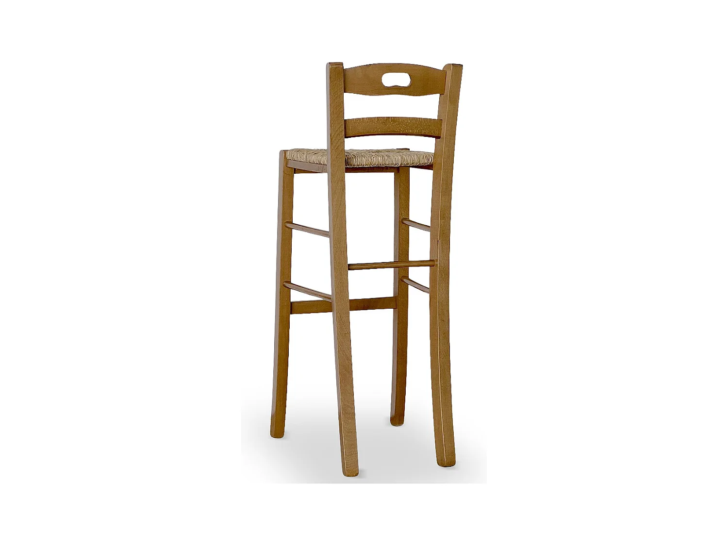 Lot de 2 tabourets de bar en noyer clair, hauteur 80 cm, avec un trou et une assise en paille.