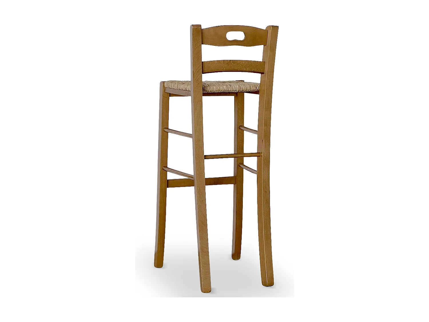 Lot de 2 tabourets de bar en noyer clair, hauteur 80 cm, avec un trou et une assise en paille.