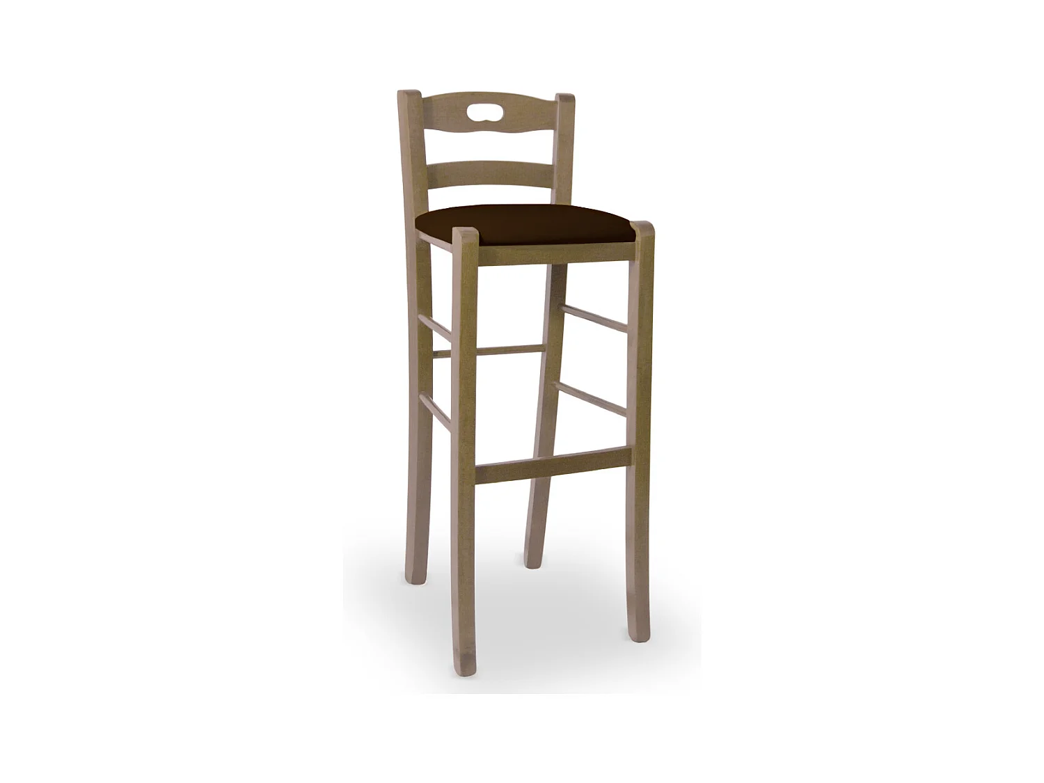 Tabouret H80 en bois de noyer clair avec poignée et assise rembourrée en similicuir marron