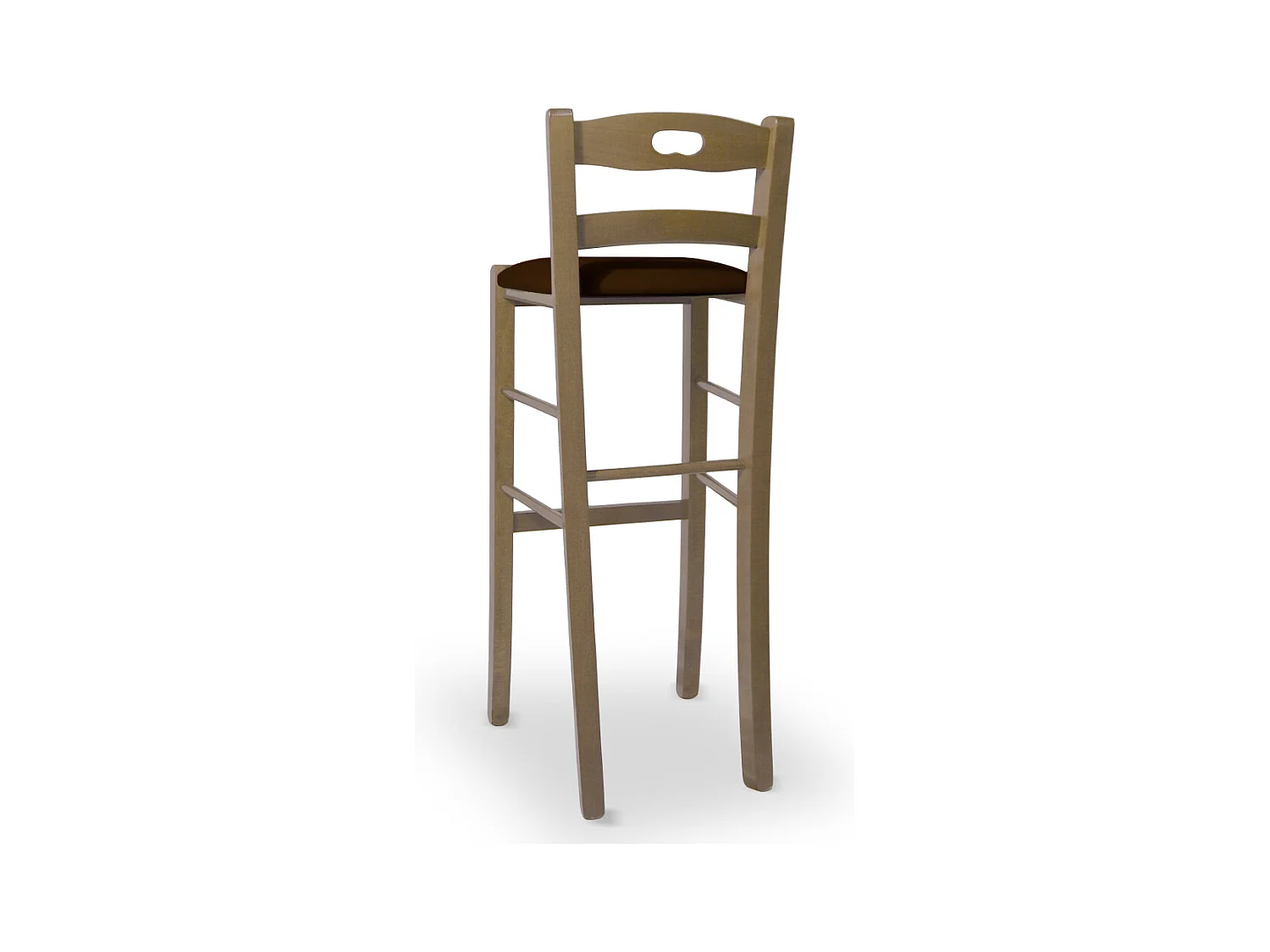 Tabouret H80 en bois de noyer clair avec poignée et assise rembourrée en similicuir marron