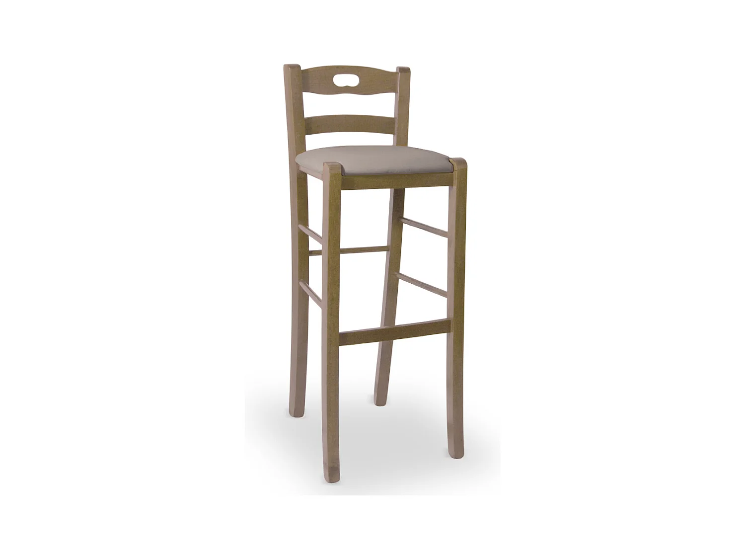 Tabouret H80 en bois de noyer clair avec poignée et assise rembourrée en similicuir gris tourterelle