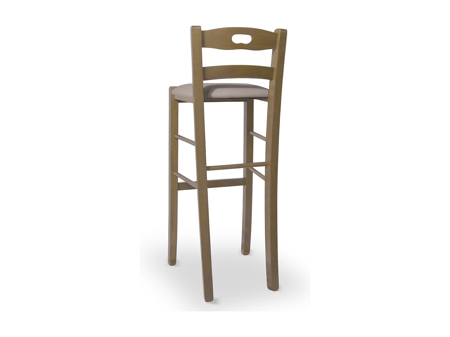 Tabouret H80 en bois de noyer clair avec poignée et assise rembourrée en similicuir gris tourterelle