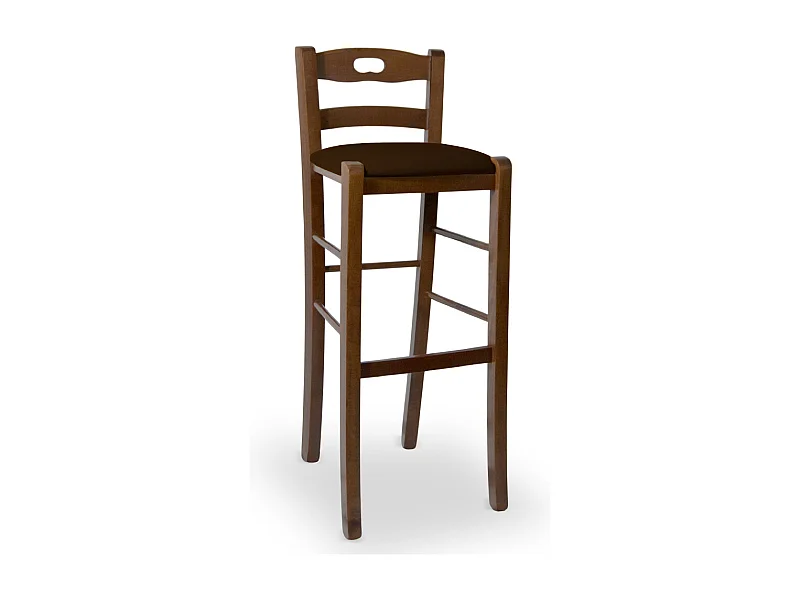 Tabouret de 80 cm de haut en bois de noyer foncé avec assise rembourrée en similicuir marron