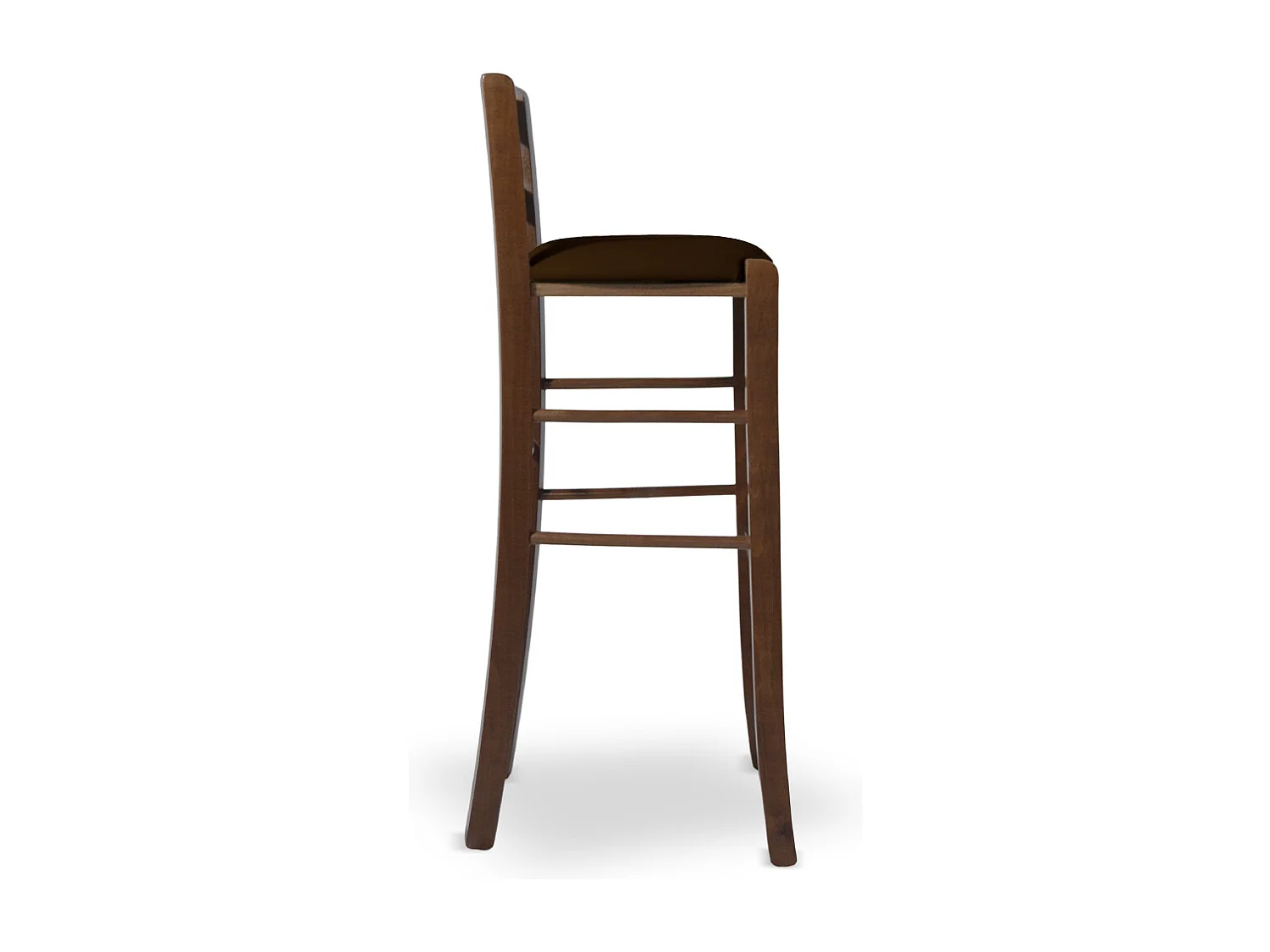 Tabouret de 80 cm de haut en bois de noyer foncé avec assise rembourrée en similicuir marron