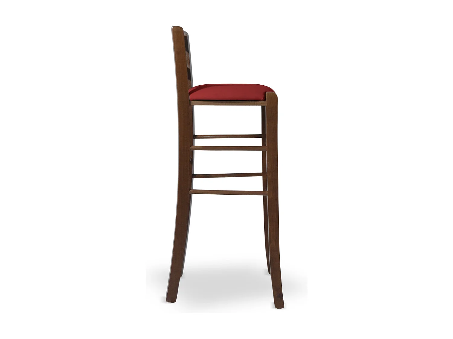 Tabouret de 80 cm de haut en bois de noyer foncé avec poignée et assise rembourrée en simili cuir rouge
