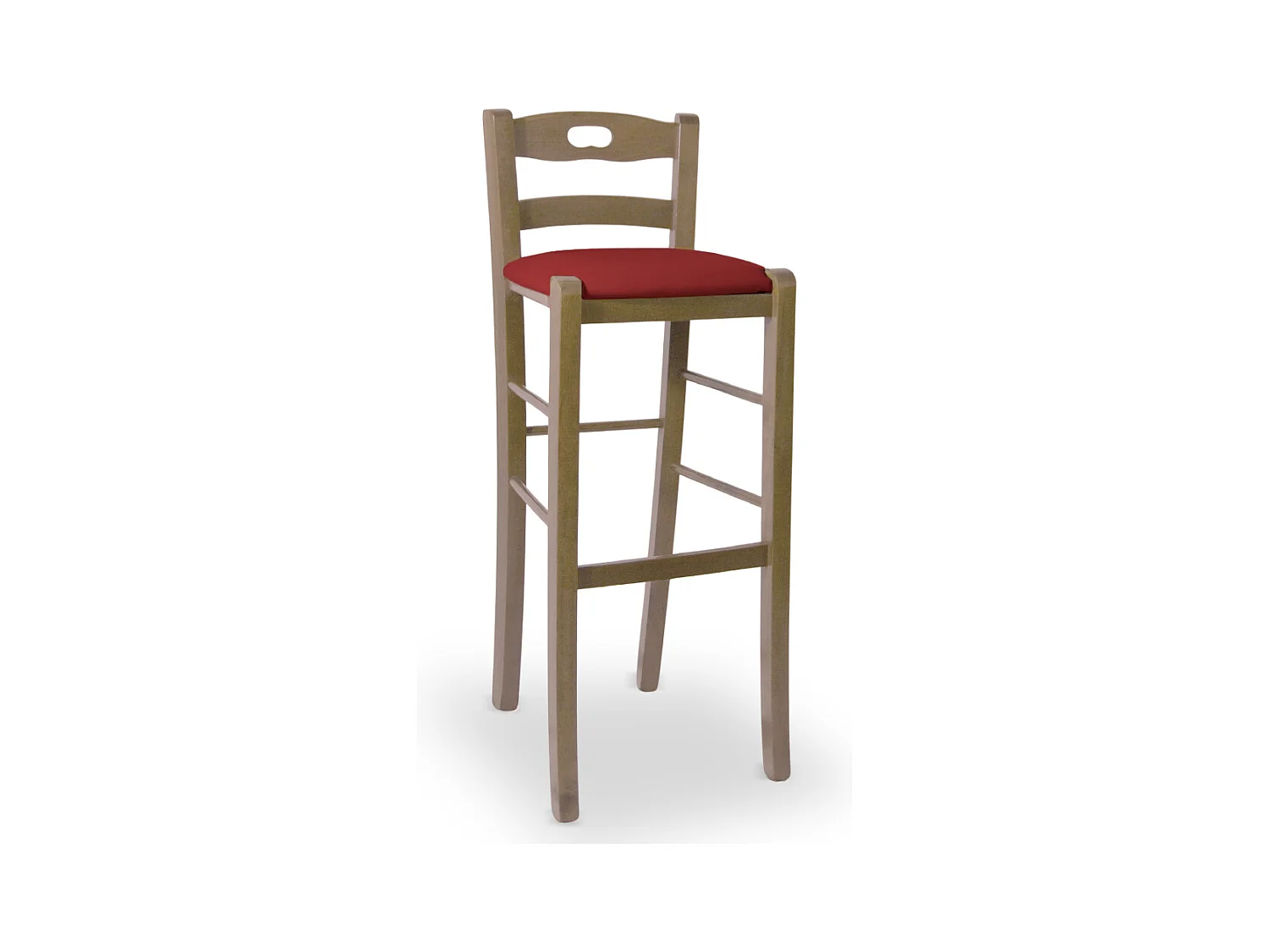 Tabouret de bar h 80 en bois de noyer clair avec poignée et assise rembourrée rouge
