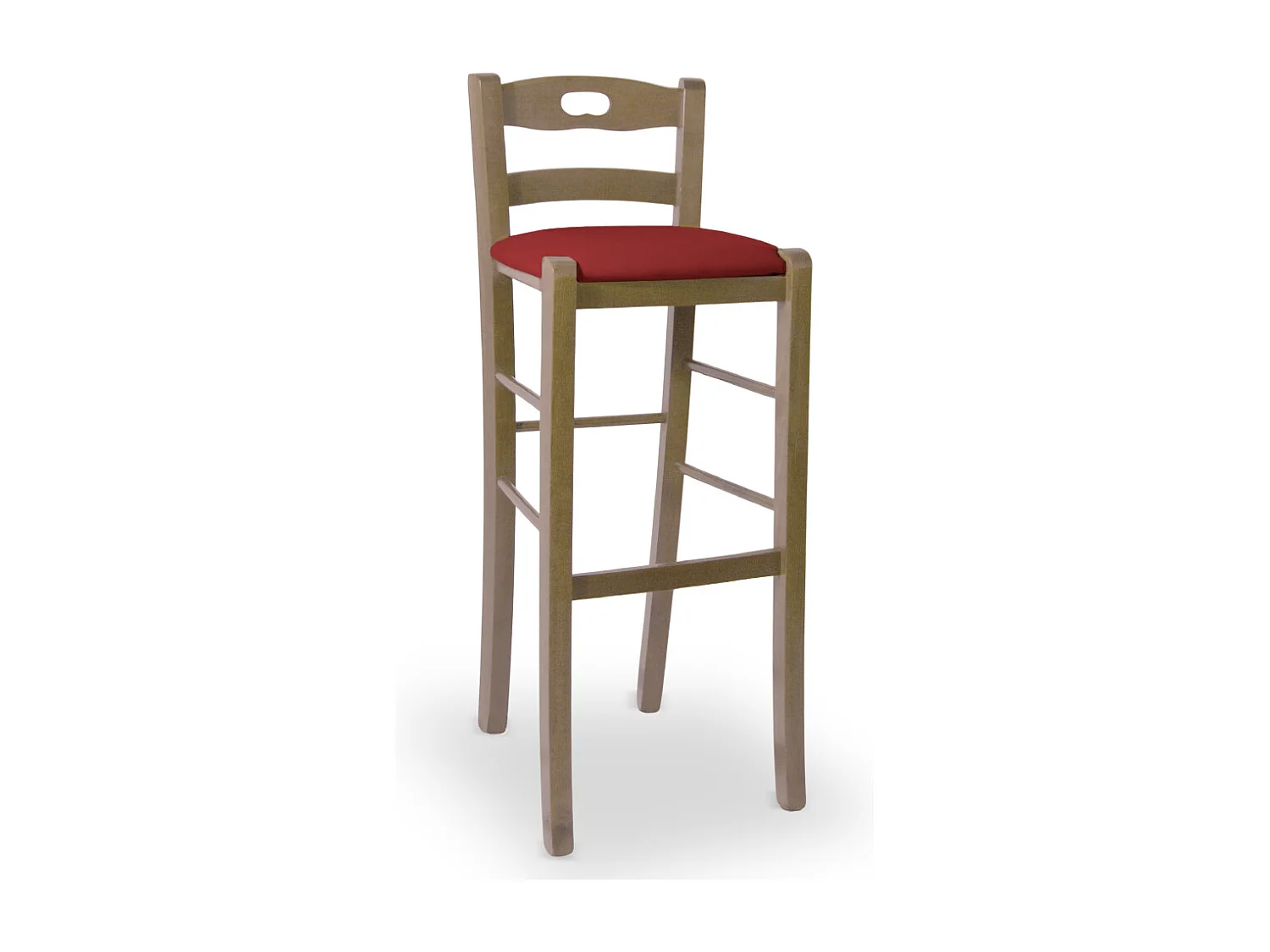 Tabouret de bar h 80 en bois de noyer clair avec poignée et assise rembourrée rouge