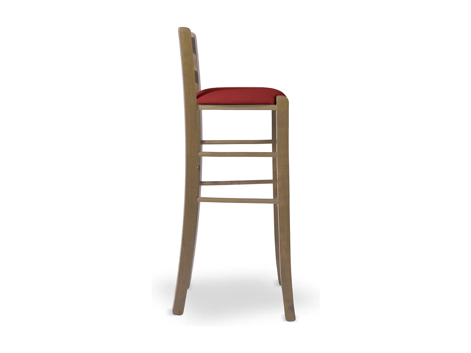 Tabouret de bar h 80 en bois de noyer clair avec poignée et assise rembourrée rouge