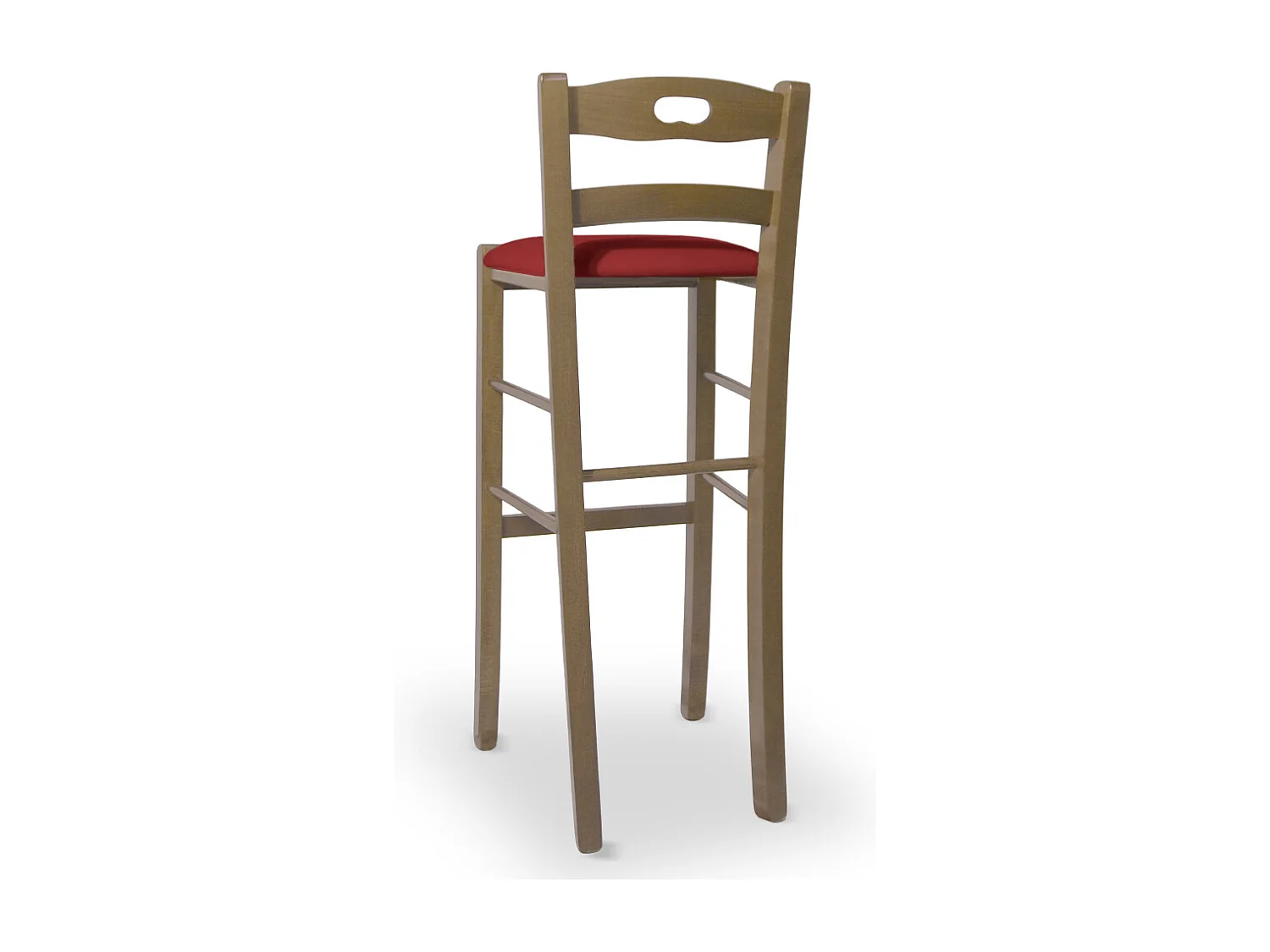 Tabouret de bar h 80 en bois de noyer clair avec poignée et assise rembourrée rouge