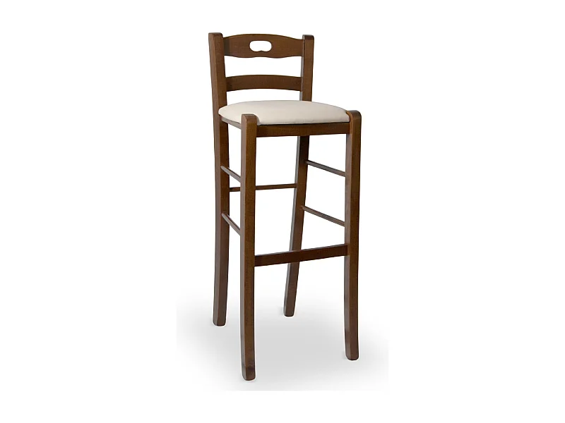 Tabouret de 80 cm de haut en bois de noyer foncé avec poignée et assise rembourrée en similicuir beige