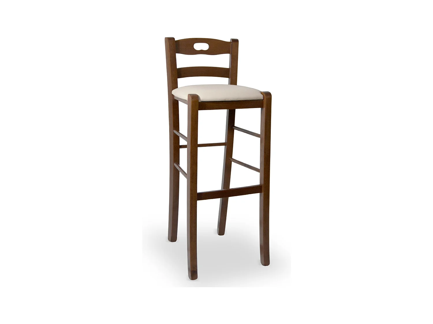 Tabouret de 80 cm de haut en bois de noyer foncé avec poignée et assise rembourrée en similicuir beige