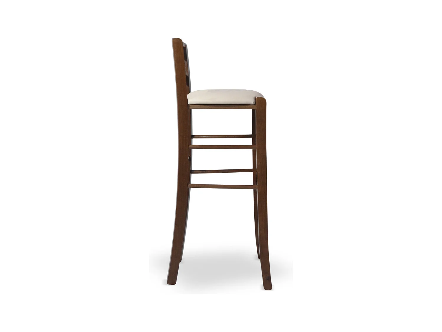 Tabouret de 80 cm de haut en bois de noyer foncé avec poignée et assise rembourrée en similicuir beige