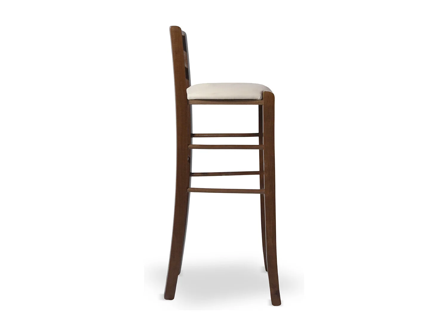 Tabouret de 80 cm de haut en bois de noyer foncé avec poignée et assise rembourrée en similicuir beige