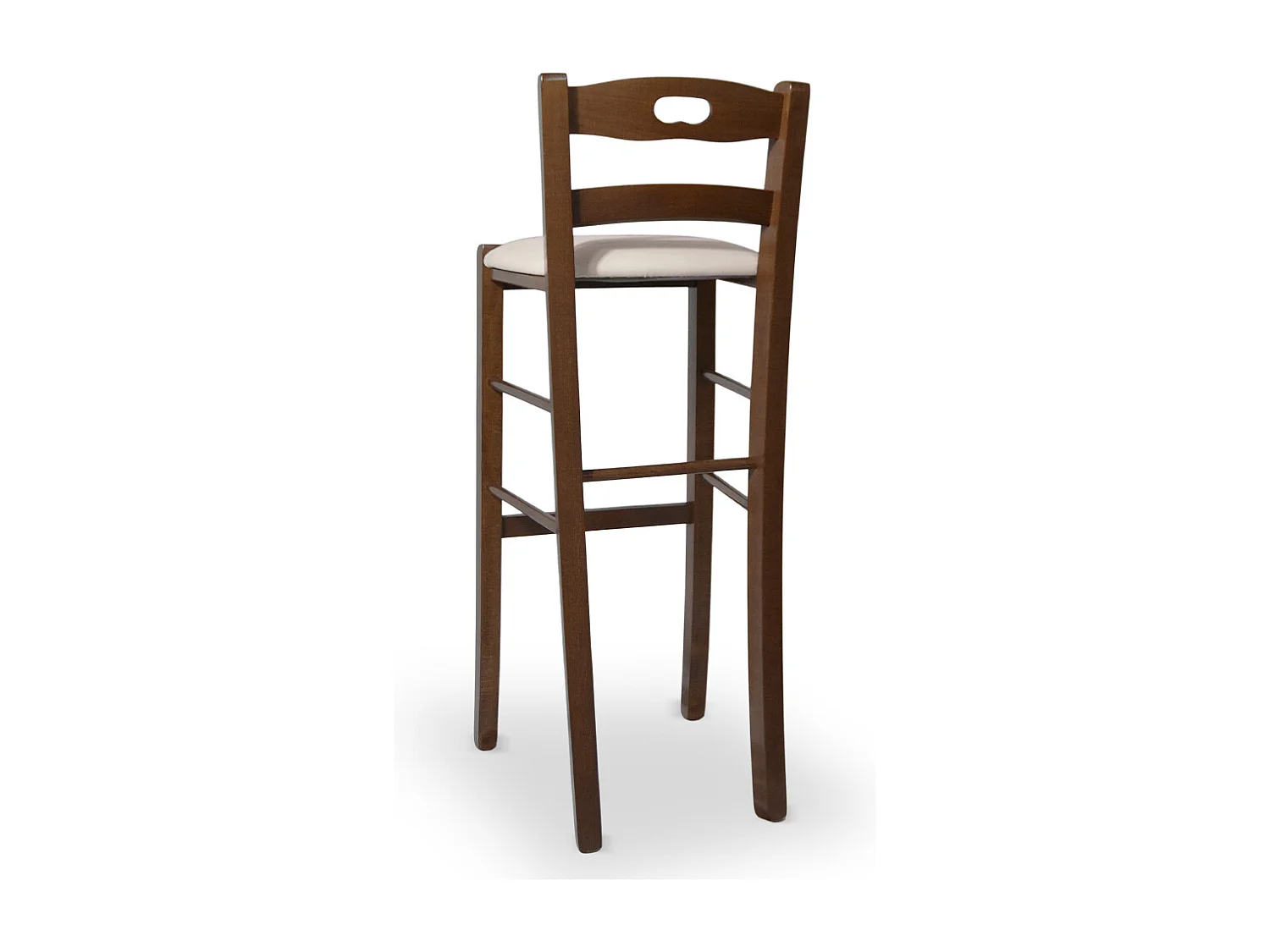 Tabouret de 80 cm de haut en bois de noyer foncé avec poignée et assise rembourrée en similicuir beige