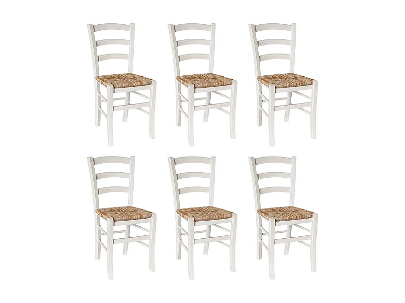 Lot de 6 chaises de salle à manger Venezia en bois blanc avec assise en paille