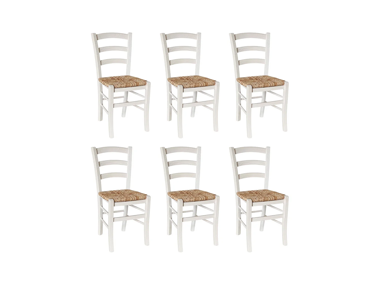 Lot de 6 chaises de salle à manger Venezia en bois blanc avec assise en paille