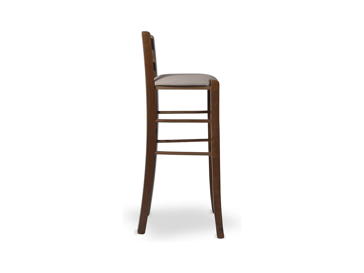 Sgabello bar  h 80 in legno noce scuro con manico seduta similpelle tortora